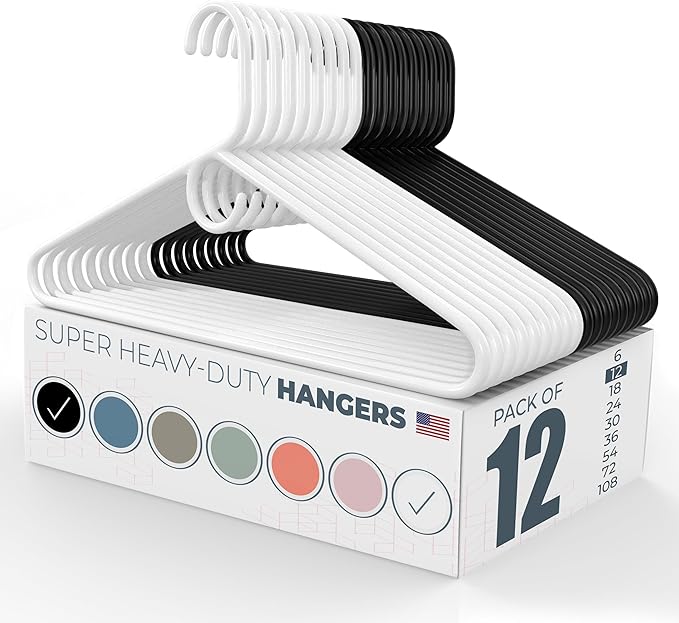 Neaties Super Heavy Duty Clothes Hangers 12 Pack – Made in The USA - 10lb Capacity, Thick Plastic Hangers for Pants, Coats, Jackets, Jeans and Adult Clothing – White & Black