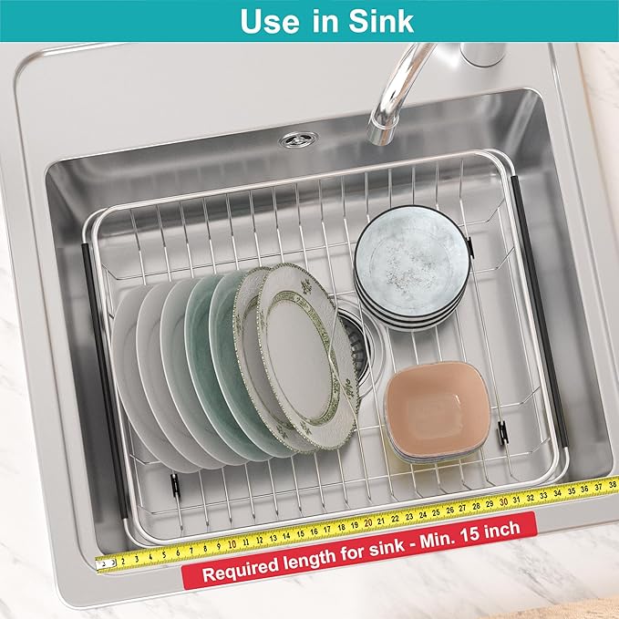 iPEGTOP Expandable Dish Drying Rack, Over The Sink Dish Rack, in Sink Or On Counter Dish Drainer with Black Utensil Holder Cutlery Tray, Rustproof Stainless Steel for Kitchen