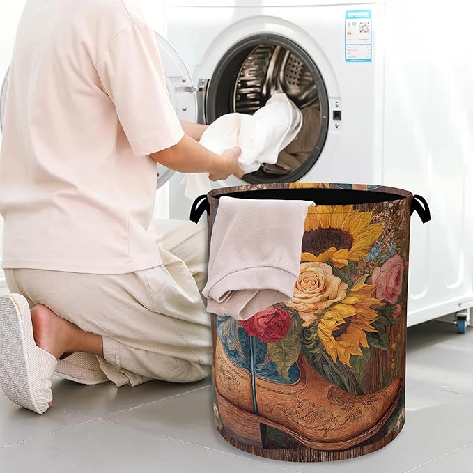 Cowboy Boots Laundry Basket,Wooden Sunflowers Foldable Oxford Cloth Tote Bag Laundry Hamper Clothes Storage Bucket Organizer for Bedroom Laundry Storage Dormitories 16" x 20.8"