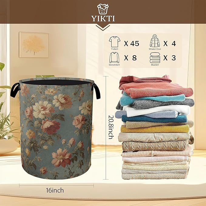 Vintage Rose Flower Laundry Hamper,Retro Floral Clothes Hamper for Laundry,Waterproof Oxford Toy Storage Collapsible Hampers for Bedroom, Dorm Room,Bathroom,16x20 Inch