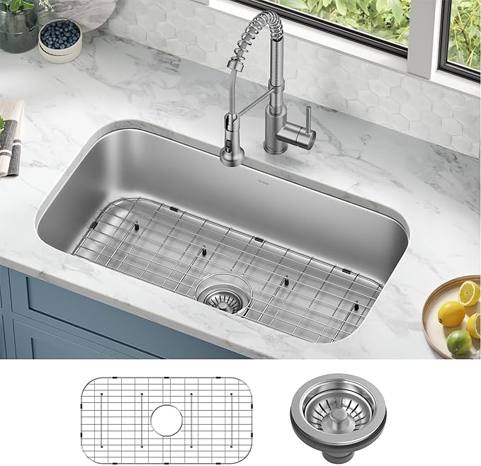 KRAUS Premier 32-inch Undermount Single Bowl 18-Gauge Stainless Steel Kitchen Sink with Bottom Grid and Strainer, KBU44