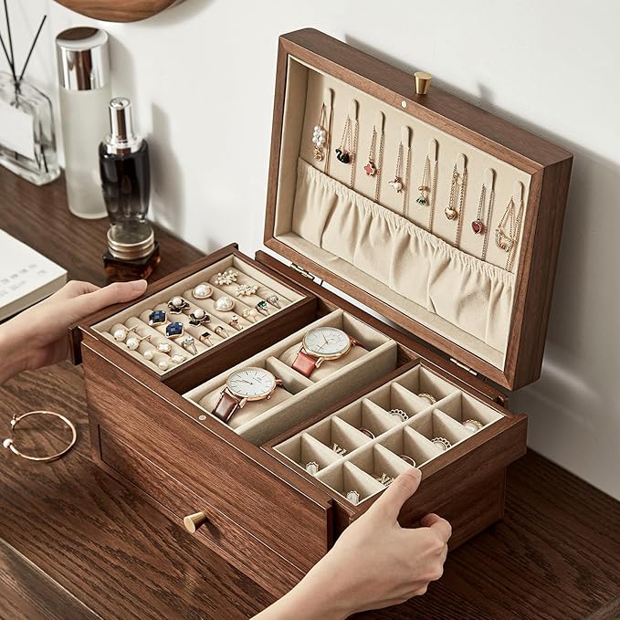 Wooden Jewelry Box for Women, 3 Level Multi-functional Drawers Black Walnut Jewelry Organizer Box, Watch, Necklace, Ring, Earring Storage - Valentine's Day Gifts (No Mirror)