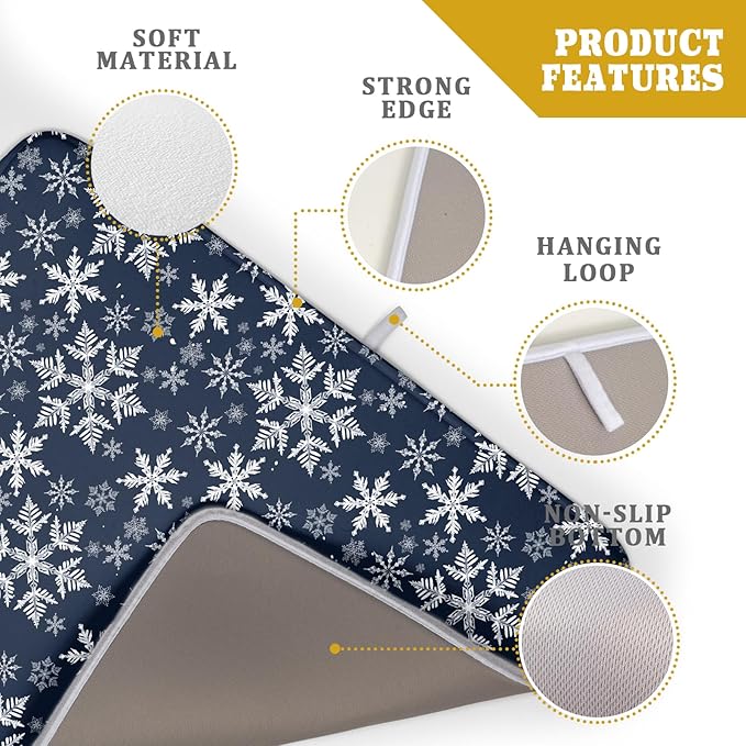 Christmas Dish Drying Mat for Kitchen Counter 24x18 Inch Xmas Snowflake Drying Mat with Absorbent Reversible Microfiber Blue Dish Drainer Mats Rack Pad for Coffee Countertop Protector
