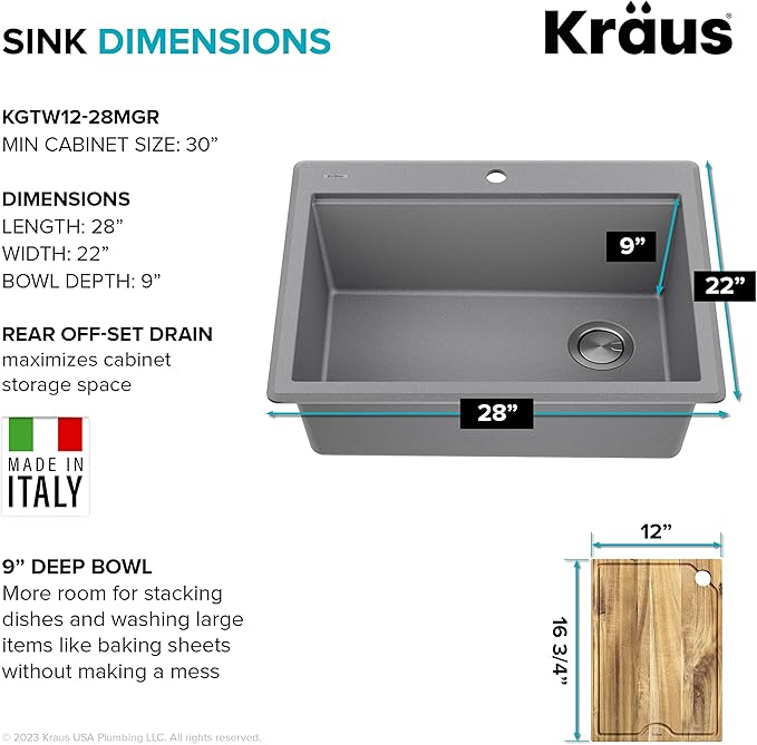 KRAUS Bellucci 28-inch Granite Workstation Drop In Top Mount Single Bowl Kitchen Sink in Metallic Grey with Accessories, KGTW12-28MGR