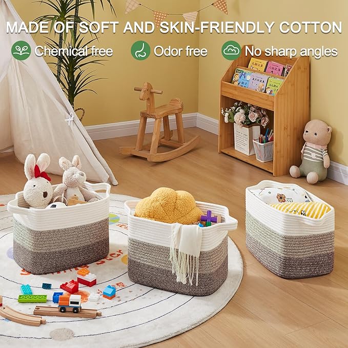 Storage Baskets for Organizing, Woven Baskets for Shelves, Rectangle Decorative Organizer for Storage Clothes, Toy, Books, Towels Nursery Bins 3 Pack (Gradient Dark Brown, 13"x9.85"x8.7")