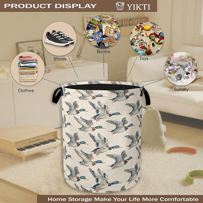 Vintage Mallard Duck Laundry Basket,Rustic Farmhouse Clothes Hamper,Oxford Cloth Collapsible Nursery Hamper Storage Organization for Bedroom,Bathroom,Office,College Dorms,16x20 Inch