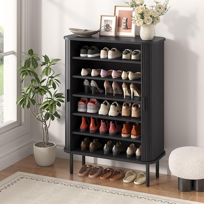 Shoe Storage Cabinet with Adjustable Shelves, 6-Tier Mid-Century Modern Shoe Organizer with Sliding Door, Shoe Storage Organizer for Entryway Hallway Living Room (Black)