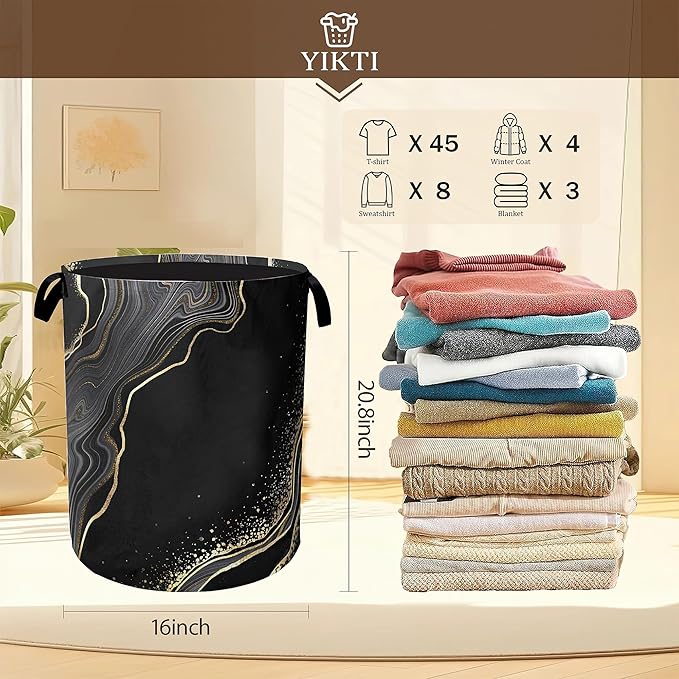 Black Gold Marble Laundry Basket,Modern Clothes Hamper,Oxford Cloth Collapsible Nursery Hamper Storage Organization for Bedroom,Bathroom,Office,College Dorms,16x20 Inch
