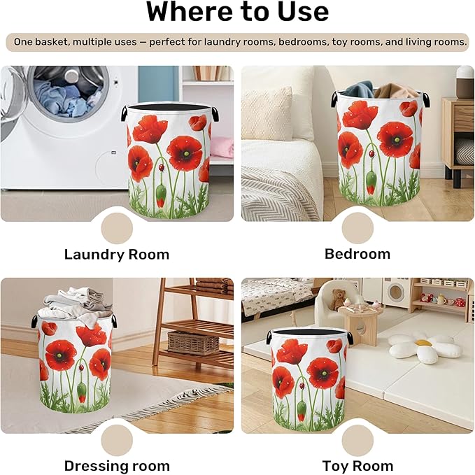 Red Flower Laundry Basket - Heavy Duty 60L Dirty Clothes Organizer, Water Resistant Foldable Hamper for Men Women
