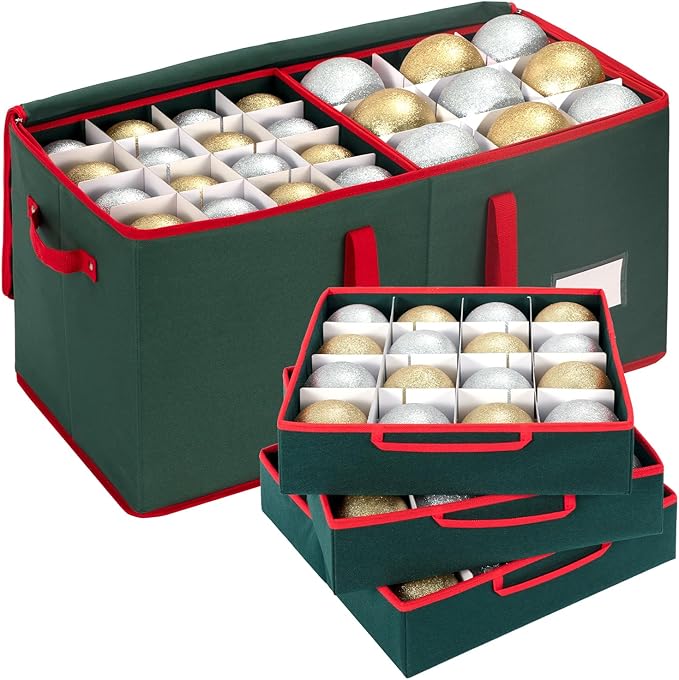 Large Christmas Ornament Storage Box With Adjustable Dividers,Ornament Storage Container with 8 Removable Trays for 128 Holiday Decorations,Green