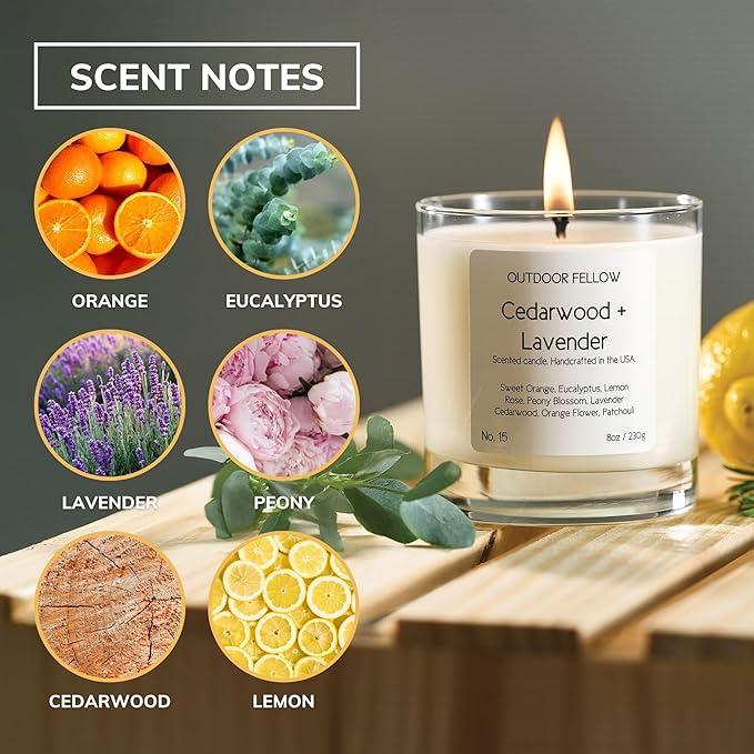 Outdoor Fellow Cedarwood and Lavender Scented Candle, 8oz, Coconut & Apricot Wax Blend, Sweet Orange, Lavender, Cedarwood, Reusable Glass, 40-50 Hour Burn Time