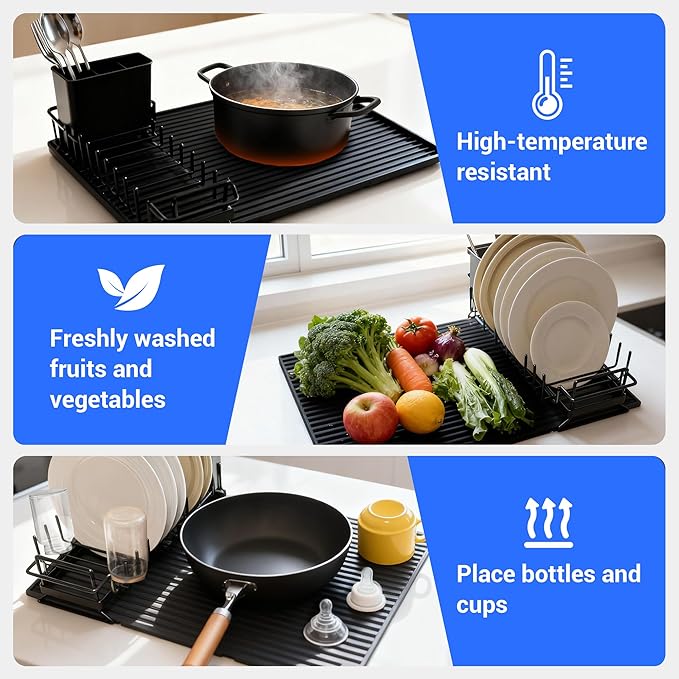 WZGUSXN Dish Drying Rack, Stainless Steel Expandable Over/in Sink & Countertop, Space Saving Collapsible Rust-Proof Rack with Silicone Mat Cutlery Holder for Kitchen/RV/Commercial Use (14.56-18.5" L)