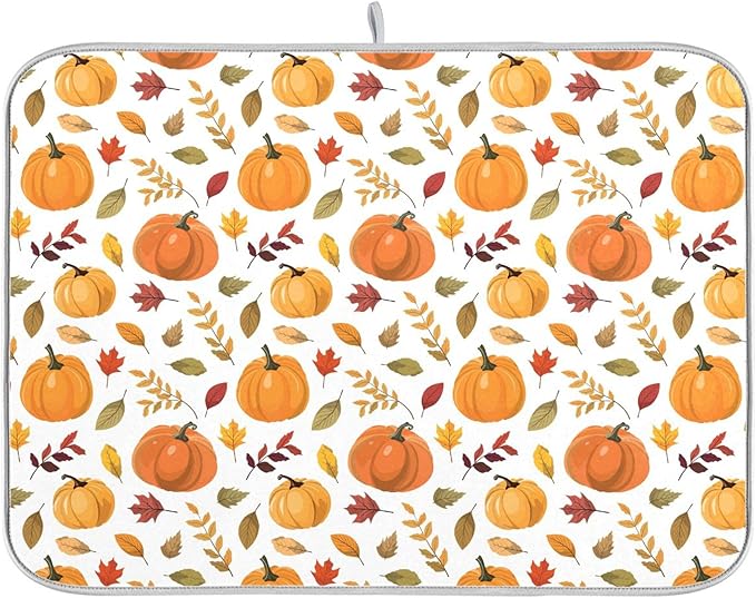 Fall Pumpkin Pattern Dish Drying Mat for Kitchen Countertop 18x24 Autumn Leaves Thanksgiving Day Large Drying Mat Reusable Quick Dry Dish Sink Mats Easy Clean Decorative Essentials