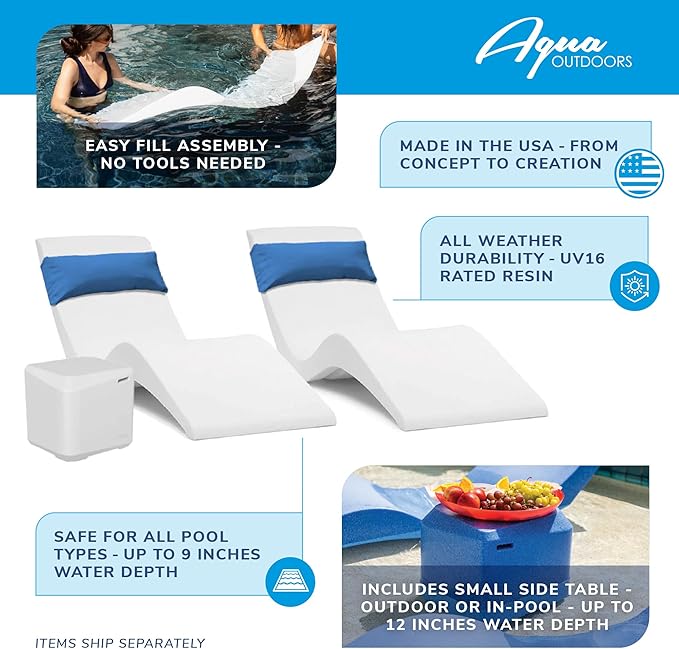 Aqua Outdoors in-Pool Chaise Set - Two Chaises - Two Headrest Pillows and One in Pool Side Table - for ledges up to 9" inches (Grey Granite-Blue)