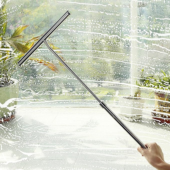 Extendable Stainless Steel Squeegee Telescoping Shower Glass & Window Cleaner with Scraper Blade for Bathroom Car Mirror Tile Professional Reach Tool with Adjustable Handle