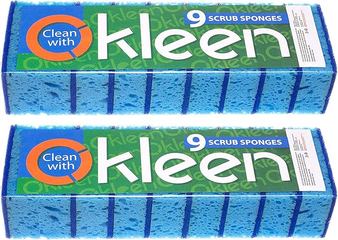 Okleen Blue Multi Use Scrub Sponge. Made in Europe. 18 Pack, 4.3x2.8x1.4 inches. Heavy Duty and Non Scratch Fiber. Odorless, Durable. Delicate Scouring Surface