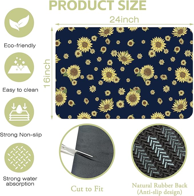 Hand Drawn Sunflower Dish Drying Mat Watercolor Sunflower Kitchen Mat 16"x24" Bsorbent Coffee Maker Mat for Dishes Utensils Coffee Maker Pots and Pans Easy Clean Dish Slip Resistant Pad