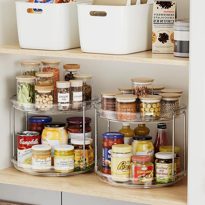 LazySpin 2 Tier Lazy Susan Organizer, 9.25'' Lazy Susan Turntable for Cabinet, Stackable Turntable Organizer Rotating Spice Rack Organization for Kitchen Countertop, Pantry, Bathroom, Clear