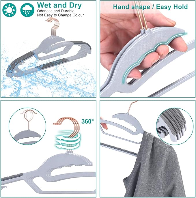 FSUTEG 50-Pack Slim S-Shaped Plastic Hangers with Non-Slip Grips – Space-Saving Gray Hangers for Delicate Necklines, Fits Shirts, Dresses & Coats in Closet/Dorm Organizers