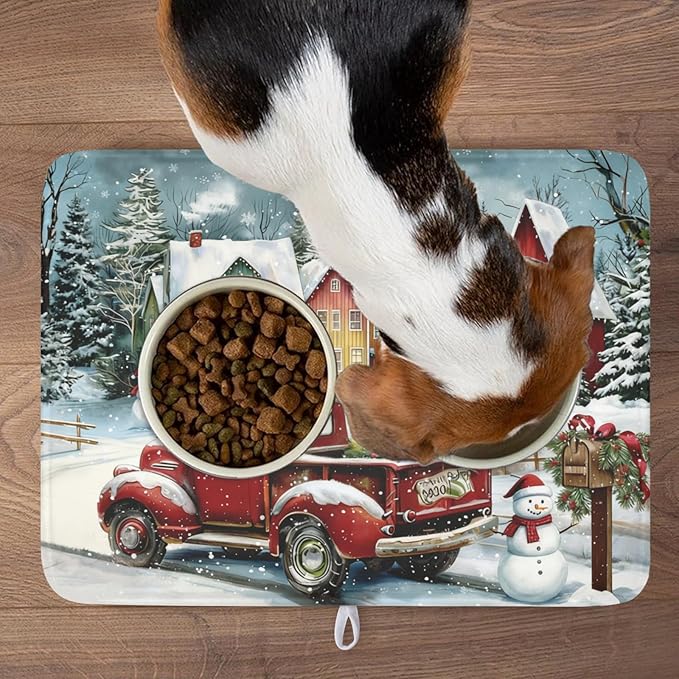 Christmas Dish Drying Mat for Kitchen Counter 24x18 Inch Xmas Red Truck Drying Mat with Absorbent Reversible Microfiber House Snowman Winter Dish Drainer Mats Rack Pad for Coffee Countertop Protector