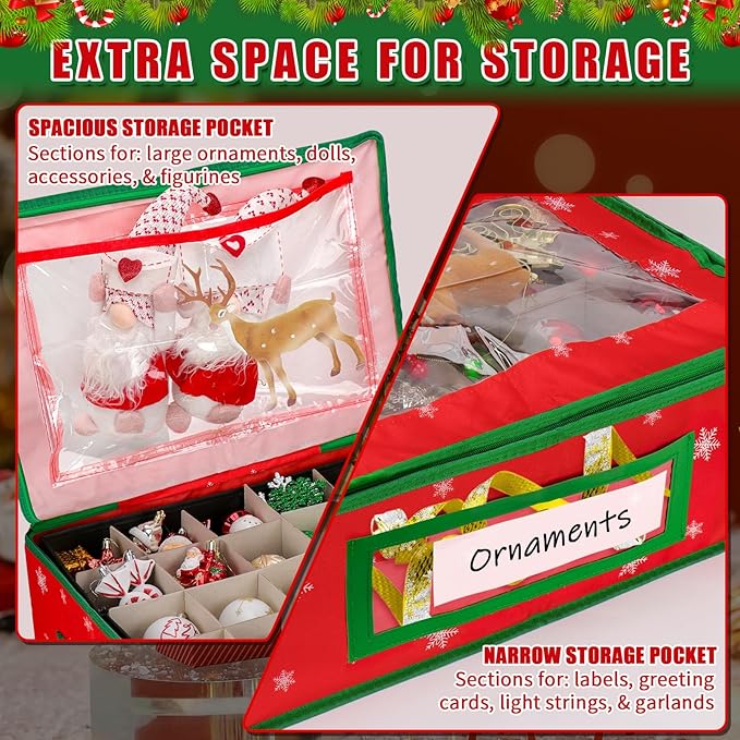 Hysagtek Ornament Storage Box, Underbed Christmas Ornament Storage Container with Dividers, 2 Removable Trays for 48-3” Ornaments, Christmas Storage Containers with Handles for Holiday Decorations