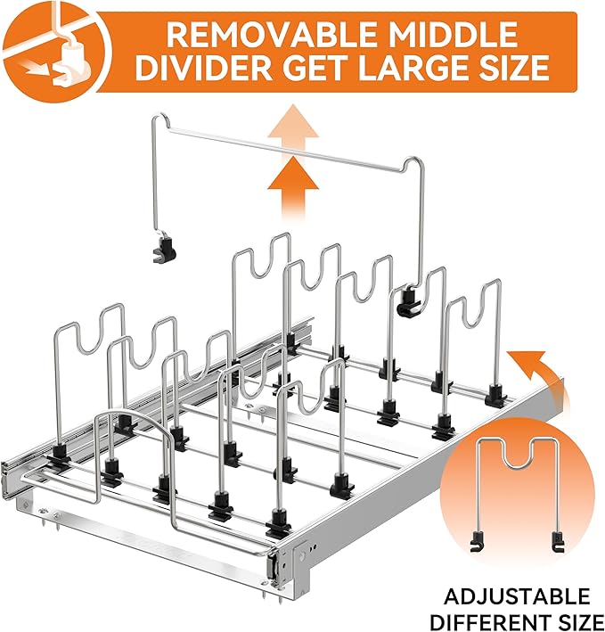 Pull Out Pots and Pans Organizer Under Cabinet, Sliding Adjustable Pot Rack with 15 Adjustable Dividers, Chrome-Plated Pot and Pan Holder Rack, Full-Extension Rail for Kitchen Organization 20" W*22" D