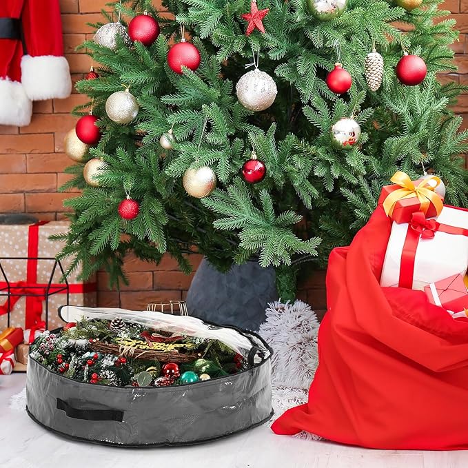 Aliceset 4 Pack Wreath Storage Containers, Christmas Ornament Garland Wreath Storage Bags with Handle Dual Zipper Large Decorative Storages Box for Winter Wreaths(24 x 24 x 7.8 Inch,Gray)