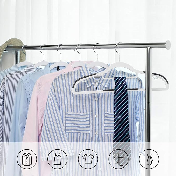 SONGMICS Pack of 30 Coat Hangers, Space-Saving Plastic Clothes Hangers, Non-Slip, 0.2 Inches Slim, 16.5 Inches Wide, 360° Swivel Silver Hook, White and Dark Gray UCRP20WG30