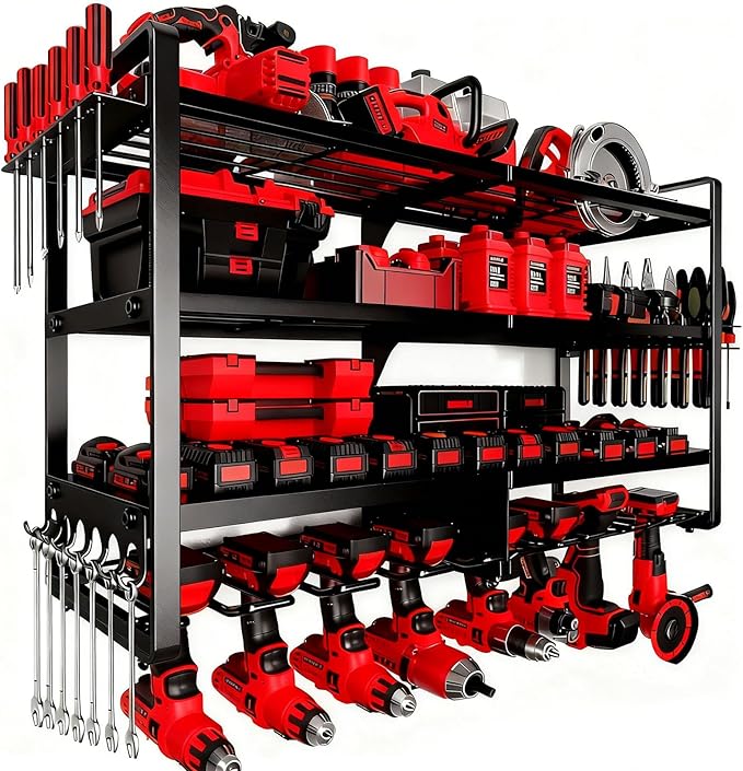 CRELYSTER Large Power Tool Organizer Wall Mount, 4 Layer Heavy Duty 8 Cordless Drill Holder Tool Storage Rack, Load 400lbs Utility Power Tool Rack for Garage,Workbench,Workshop,Gifts for Men