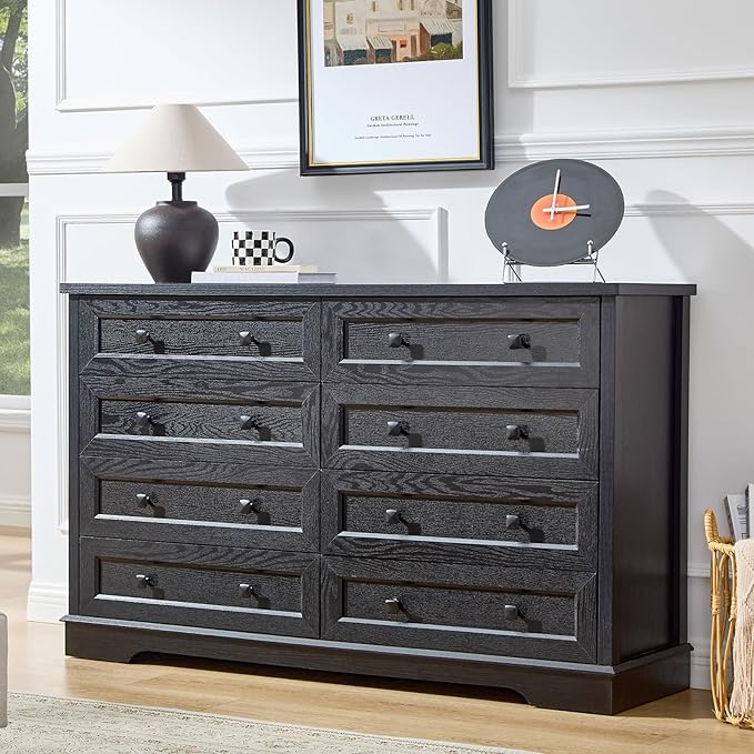 LIDYUK 8-Drawer Black Dresser for Bedroom Farmhouse Dresser Chest of Drawers, 55" Wide Clothes Organizer Wood Chest of Drawers for Bedroom, Living Room