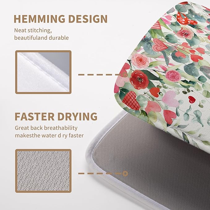 Wnoesat Valentine Dish Drying Mat for Kitchen Counter 18x24 Inch Valentines Love Heart Rose Eucalyptus Leaf Dishes Drying Pad Microfiber Absorbent Dish Draining Mat Washable Dish Drainer Mats
