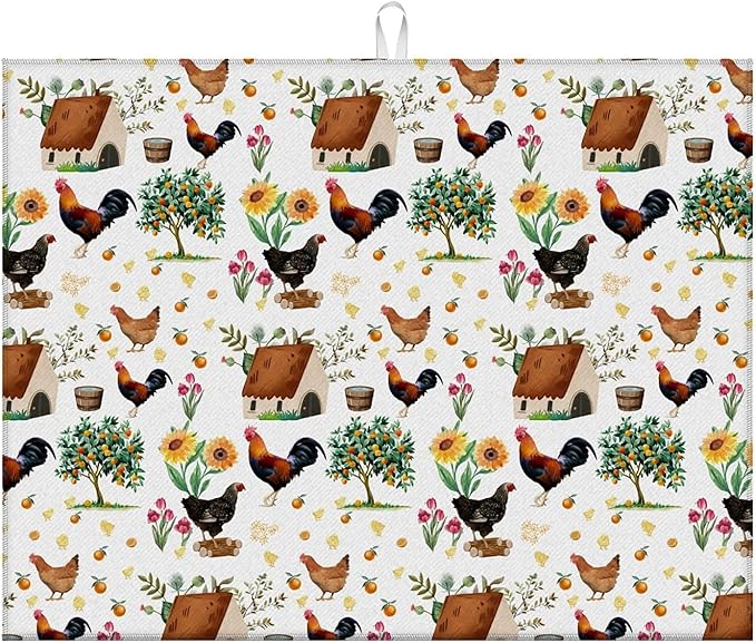 Dish Drying Mat For Kitchen Counter, Farmhouse Rooster Microfiber Absorbent Dish Drainer Rack Pad Reusable Large 18x24in Drying Mat