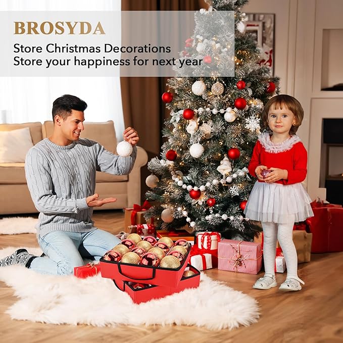 Christmas Ornament Storage Box, Ornament Storage Organizer Fits 128 of 3 inch Ornament Balls, 8 Removable Tray Ornaments Storage Containers with Dividers to Store Xmas Holiday Decor(Red)