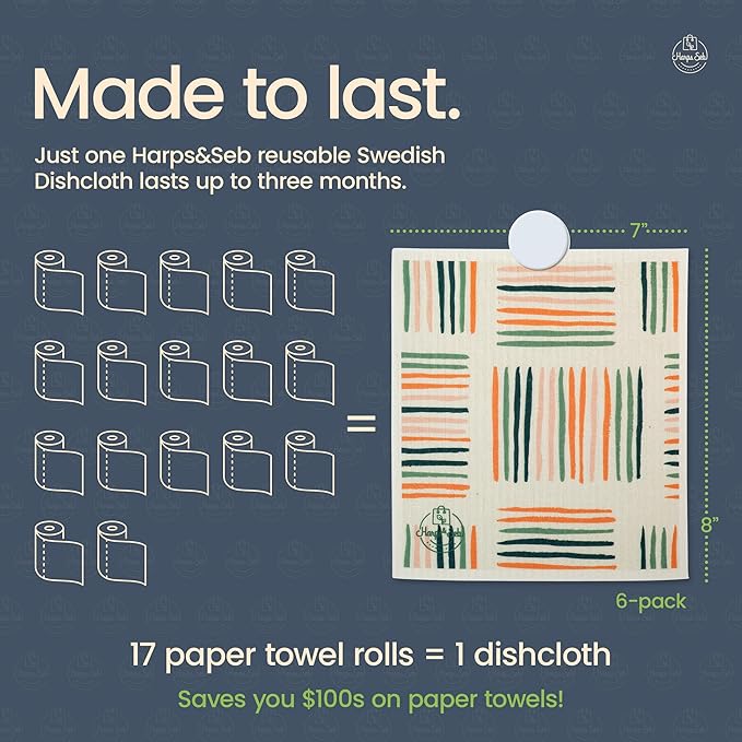 Harps&Seb Swedish Dishcloths for Kitchen Dishcloths - 6 Pack, Reusable Paper Towels with Clips, Super Absorbent Washable Non-Scratch Swedish Dish Towels, No Odor, Biodegradable