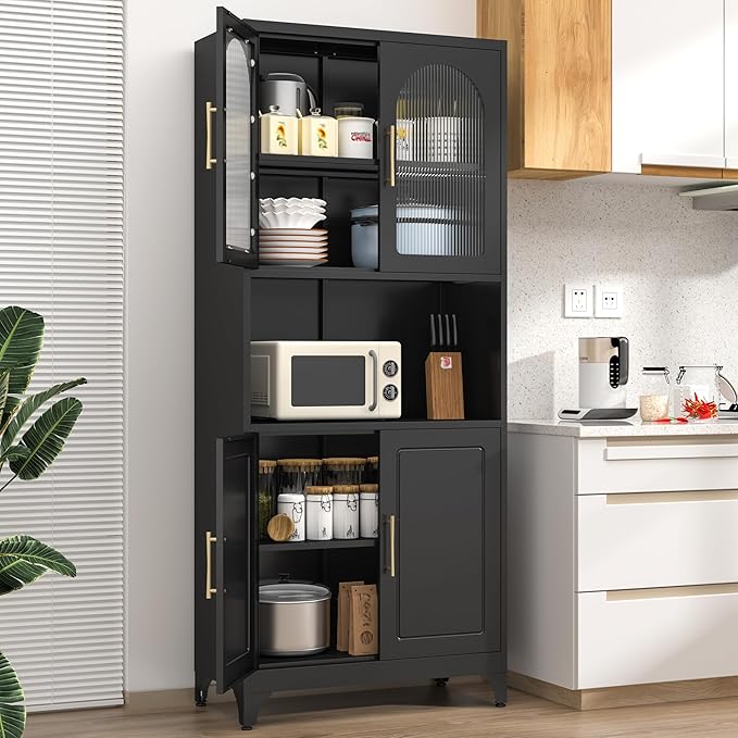 75" Metal Kitchen Pantry Storage Cabinet,Kitchen Hutch Food Pantry Cabinet with Microwave Stand,Freestanding Larder Cupboard with Doors and Adjustable Shelves for Bathroom