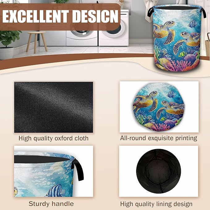 Sea Turtle Laundry Basket,Tropical Coral Fish Laundry Hamper Waterproof Oxford Cloth Tote Collapsible,Clothes Storage Bucket Decorative Toy Organizer For Bathroom Bedroom 16" x 20.8"