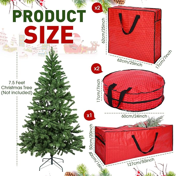 5 Pack Christmas Storage Bags Red, 7.5 ft Christmas Tree Large Bag, 24" Wreath Containers and 25" Garland Packing Tote Moving Bags with Handle Zipper for Artificial Xmas Tree Wreath Garland