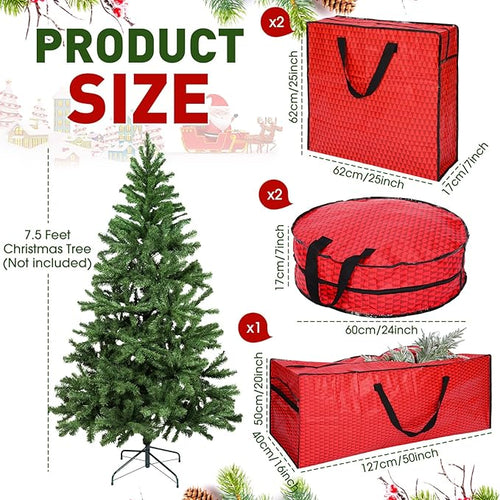 5 Pack Christmas Storage Bags Red, 7.5 ft Christmas Tree Large Bag, 24" Wreath Containers and 25" Garland Packing Tote Moving Bags with Handle Zipper for Artificial Xmas Tree Wreath Garland