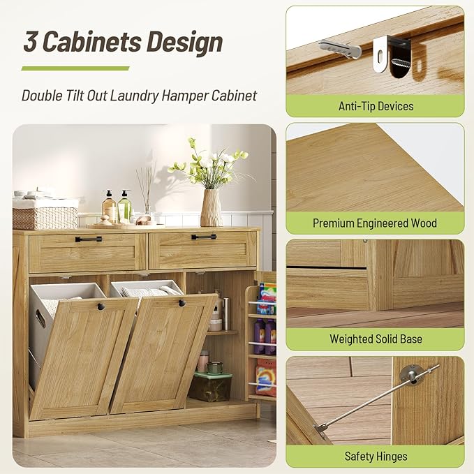 Double Tilt Out Laundry Hamper Cabinet, 43.3" Laundry Storage Cabinet with 2 Removable Baskets, Farmhouse Wooden Hidden Trash Bin Cabinet with Open Shelving, for Bathroom, Natural