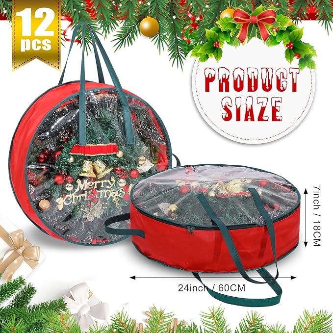 Shappy 12 Pcs Christmas Wreath Storage Bag Clear Wreath Box Wreath Storage Containers with Clear Window and Handle Christmas Garland Storage Containers for Xmas Holiday Seasonal Storage (24 Inch)