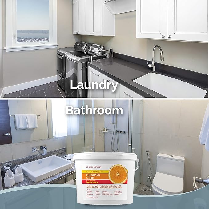 SMELLS BEGONE 1-Gallon Gel Odor Eliminator – High-Capacity, Long-Lasting Absorber for Large Basements, Garages, Workshops & Commercial Areas – Remove Tough Odor with Essential Oils (Energizing Citrus)