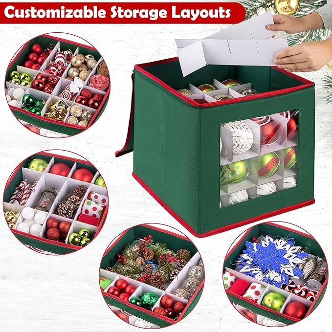Christmas Ornament Storage Box, Premium Ornaments Organizer with Adjustable Dividers Pocket Clear Window Store Up to 64 Holiday Ornaments Storage Container Bin Zippered for Christmas Decorations Green