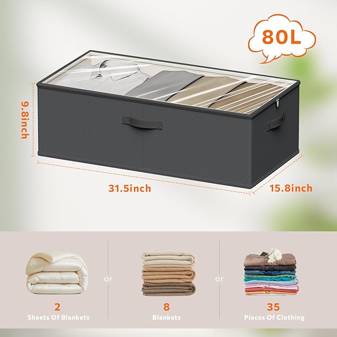 Chizjox 10inch 3 Pack Under Bed Storage Containers, 10 Inch Tall Underbed Clothes Storage Organizer Bin with Clear Window，Foldable Box Basket for Clothes, Closet, Bed Sheets and Blankets Black