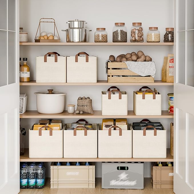 StorageWorks Storage Bins, Shelves Baskets for Organizing, 45L Extra Large Fabric Closet Organizers with Handles, Metal Frame, Beige?Texture?, 2-Pack