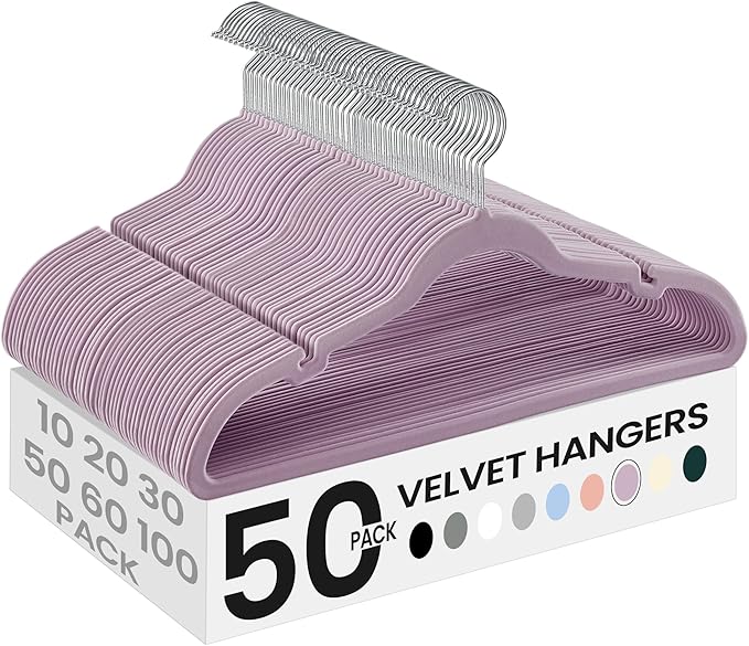 SONGMICS Velvet Hangers 50 Pack, Non-Slip Clothes Hangers, Suit Hangers with Shoulder Notches, Pants Bar, 360° Swivel Hook, Space-Saving, for Closet, Lavender Purple UCRF029GP05