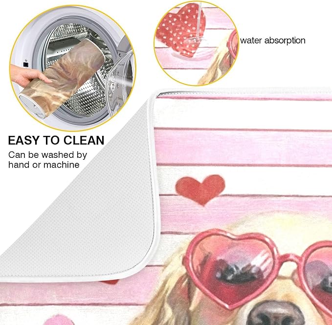 Happy Valentine's Day Pink Dish Drying Mat for Kitchen Countertop 18x24 Love Golden Retriever Dog Flowers Large Drying Mat Reusable Quick Dry Dish Sink Mats Easy Clean Decorative Essentials
