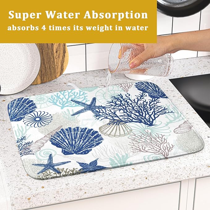 Summer Navy Blue Dish Drying Mat for Kitchen Counter 16×18 Inch Coral Drainer Pad Washable Starfish Dish Rack Pad Drainer Mat Beach Absorbent Reversible Microfiber Dish Drying Pad for Coffee Bar