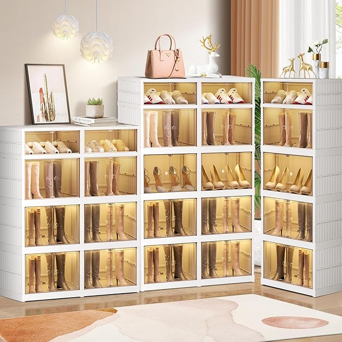 5-Tier Foldable Shoe Rack Organizer for Closet 10Pairs Plastic Collapsible Shoes Storage Box Clear Shoe Boxes Stackable with Door Easy Assembly Shoe Cabinet Bins with Lids Large