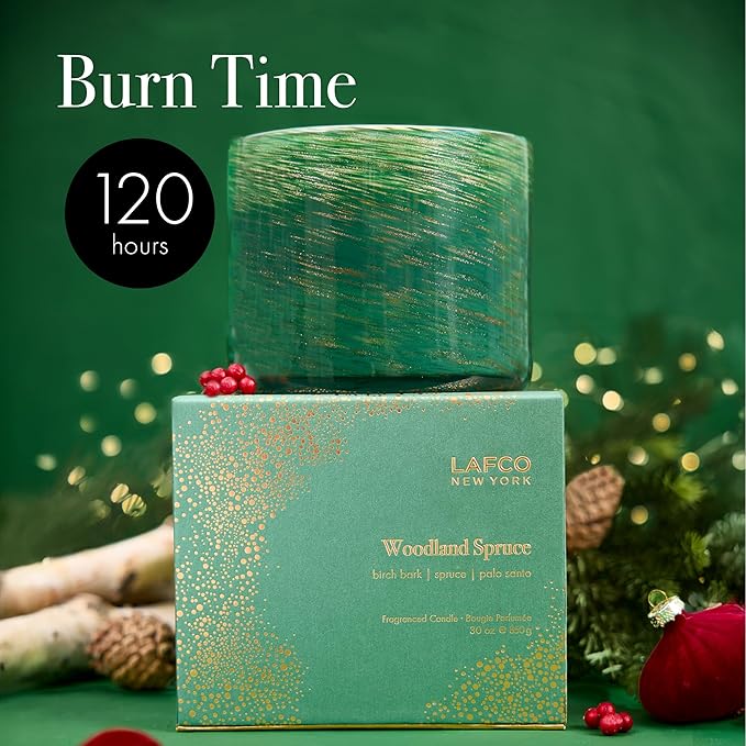 LAFCO New York Holiday 3-Wick Candle, Woodland Spruce - 30 oz - 120-Hour Burn Time - Reusable, Hand Blown Glass Vessel - Made in The USA