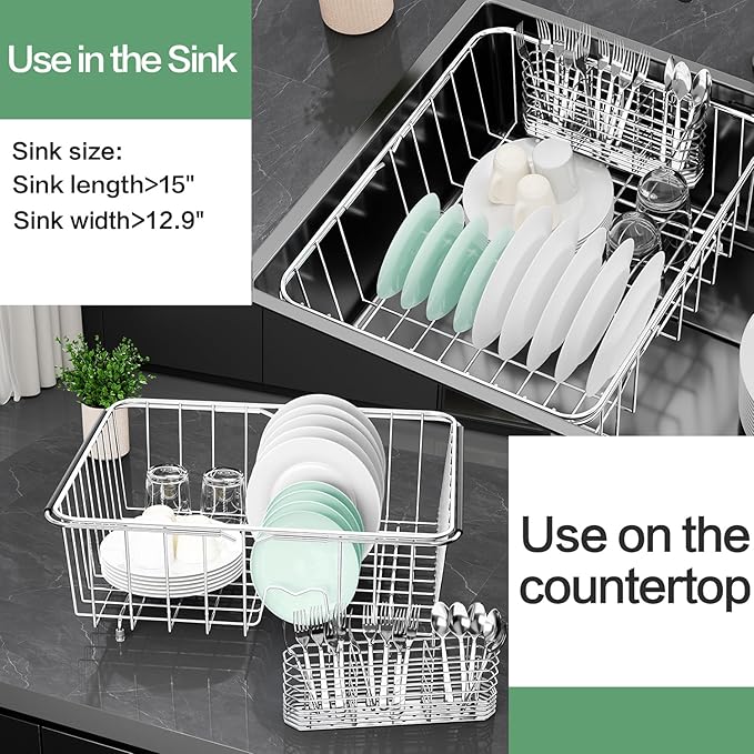 SwetLao Large Sink Dish Drying Rack, Expandable 304 Stainless Steel Metal Dish Drainer Rack Organizer Shelves with Stainless Steel Utensil Holder Over Inside Sink, Rustproof